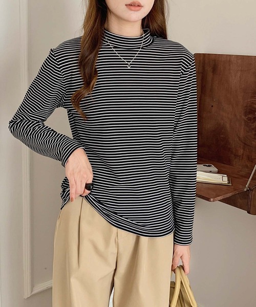 Girly Doll（ガーリードール）の「プチハイネックボーダーカットソー（Tシャツ/カットソー・レディース・ブラック/グレー/ベージュ/ホワイト/ブラウン・FREE）」の7枚目の写真