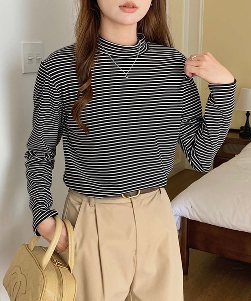 Girly Doll（ガーリードール）の「プチハイネックボーダーカットソー（Tシャツ/カットソー・レディース・ブラック/グレー/ベージュ/ホワイト/ブラウン・FREE）」の8枚目の写真