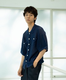 skoool（スクール）の「メッシュニット半袖シャツ／透かし編みデザイン × レイヤード仕様（シャツ/ブラウス）」