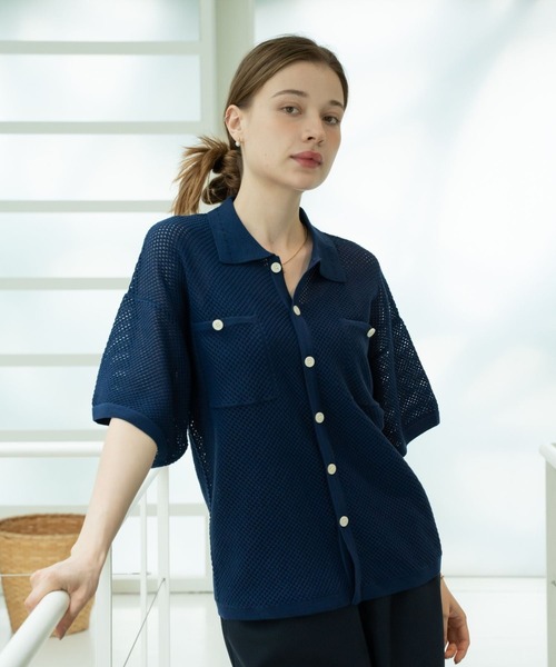 skoool(スクール)の「メッシュニット半袖シャツ/透かし編みデザイン × レイヤード仕様(シャツ/ブラウス・メンズ・ネイビー/アイボリー/レッド・LARGE/MEDIUM/SMALL)」の6枚目の写真
