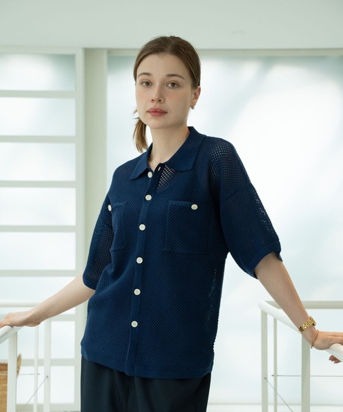 skoool(スクール)の「メッシュニット半袖シャツ/透かし編みデザイン × レイヤード仕様(シャツ/ブラウス・メンズ・ネイビー/アイボリー/レッド・LARGE/MEDIUM/SMALL)」の7枚目の写真