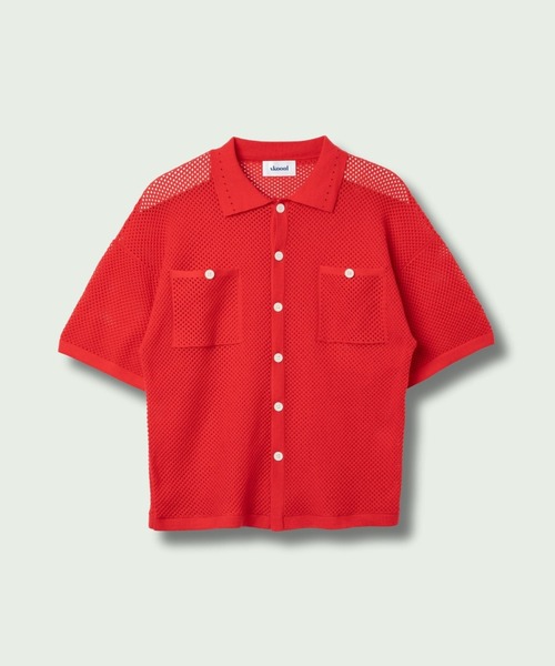 skoool(スクール)の「メッシュニット半袖シャツ/透かし編みデザイン × レイヤード仕様(シャツ/ブラウス・メンズ・ネイビー/アイボリー/レッド・LARGE/MEDIUM/SMALL)」の19枚目の写真