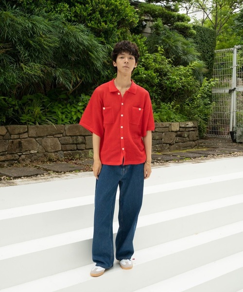 skoool(スクール)の「メッシュニット半袖シャツ/透かし編みデザイン × レイヤード仕様(シャツ/ブラウス・メンズ・ネイビー/アイボリー/レッド・LARGE/MEDIUM/SMALL)」の22枚目の写真
