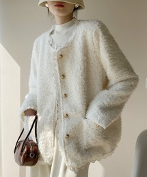 Sibra | 暖かいシャギーレース切り替え金釦ノーカラージャケット(ノーカラージャケット)