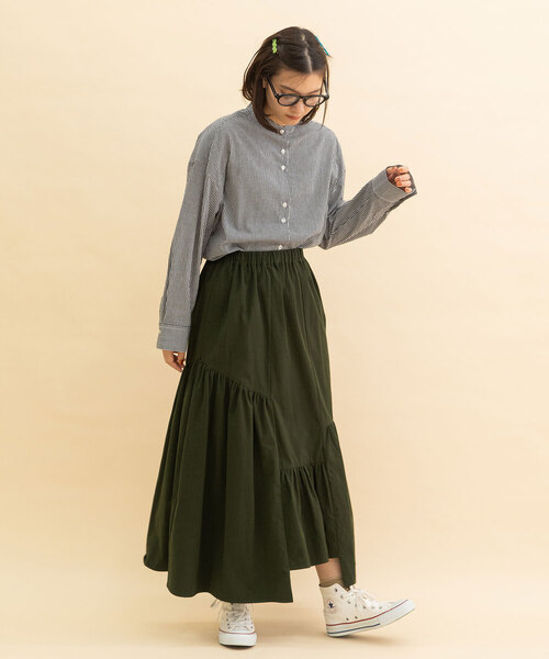 POU DOU DOU（プードゥドゥ）の「イレギュラーヘムフリルスカート（スカート・レディース・ネイビー/カーキ/アイボリー・M）」の7枚目の写真