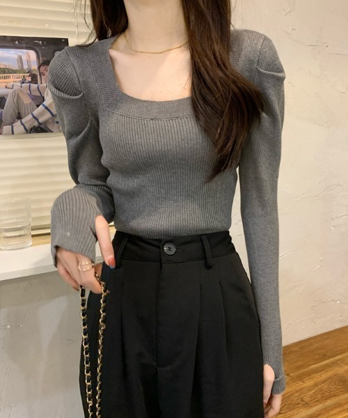 Teem Store(チームストア)の「スクエアネック フィンガーホール リブ ニット(ニット/セーター・レディース・ブルー/ホワイト×ブラック/アイボリー/ライトブルー/ブラック/ホワイト/グレー・F)」の14枚目の写真