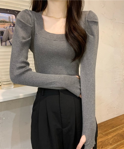 Teem Store(チームストア)の「スクエアネック フィンガーホール リブ ニット(ニット/セーター・レディース・ブルー/ホワイト×ブラック/アイボリー/ライトブルー/ブラック/ホワイト/グレー・F)」の15枚目の写真