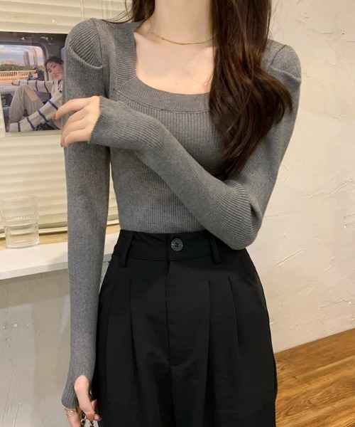 Teem Store(チームストア)の「スクエアネック フィンガーホール リブ ニット(ニット/セーター・レディース・ブルー/ホワイト×ブラック/アイボリー/ライトブルー/ブラック/ホワイト/グレー・F)」の12枚目の写真