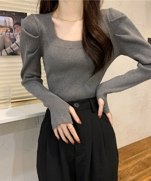 Teem Store(チームストア)の「スクエアネック フィンガーホール リブ ニット(ニット/セーター・レディース・ブルー/ホワイト×ブラック/アイボリー/ライトブルー/ブラック/ホワイト/グレー・F)」の13枚目の写真