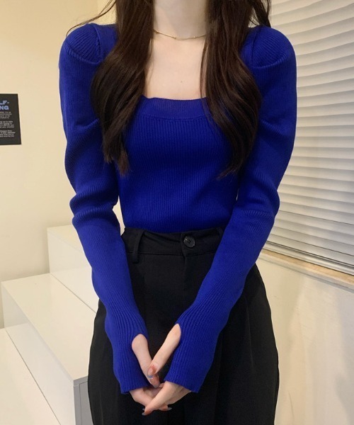 Teem Store(チームストア)の「スクエアネック フィンガーホール リブ ニット(ニット/セーター・レディース・ブルー/ホワイト×ブラック/アイボリー/ライトブルー/ブラック/ホワイト/グレー・F)」の8枚目の写真