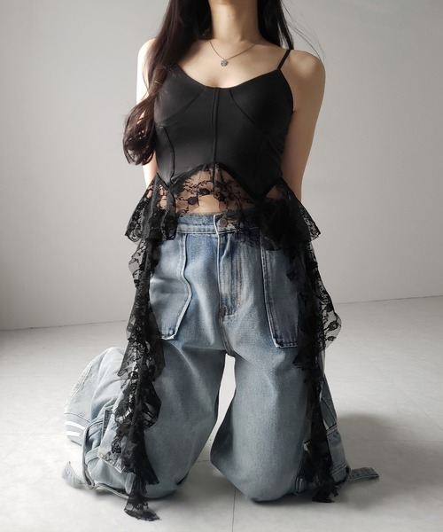 シェリエ sheller プリーツレースレイヤードビスチェ　ブラック シェリエ sheller プリーツレースレイヤードビスチェ ブラック