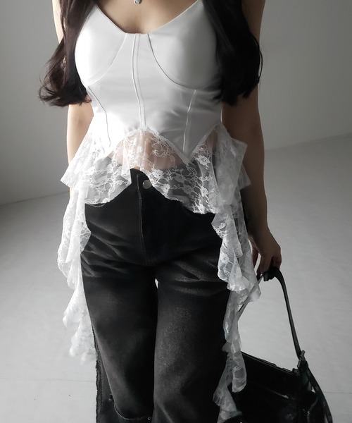 me+em select（ミームセレクト）の「※※【 ２color 】レースフリルレイヤードビスチェキャミソール ／ lace frill layered bustier camisole（キャミソール・レディース・ホワイト/ブラック・FREE）」の6枚目の写真