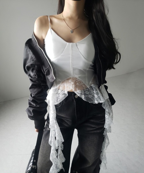 me+em select（ミームセレクト）の「※※【 ２color 】レースフリルレイヤードビスチェキャミソール ／ lace frill layered bustier camisole（キャミソール・レディース・ホワイト/ブラック・FREE）」の10枚目の写真