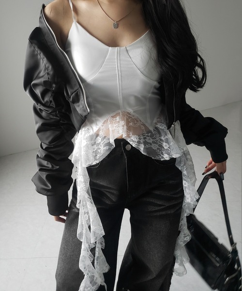 me+em select（ミームセレクト）の「※※【 ２color 】レースフリルレイヤードビスチェキャミソール ／ lace frill layered bustier camisole（キャミソール・レディース・ホワイト/ブラック・FREE）」の13枚目の写真