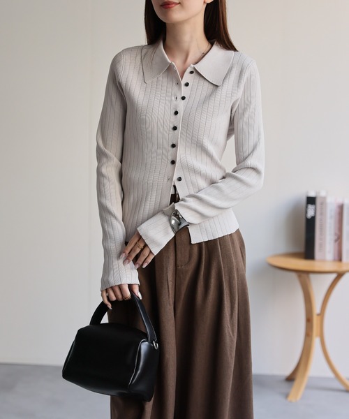 sakishimatokyo（サキシマトーキョー）の「【新色追加】ポロニット リブカーディガン/サイズ展開あり（カーディガン/ボレロ・レディース・ネイビー/パープル/グレー/ゴールド/ダークグレー/ブラック/グレイッシュベージュ・FREE/LARGE）」の4枚目の写真