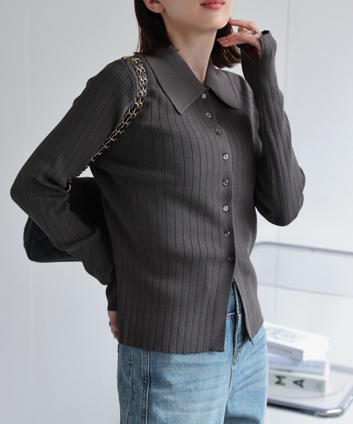 セール】新色追加【選べるサイズ】ポロ衿 リブニットカーディガン/2WAY