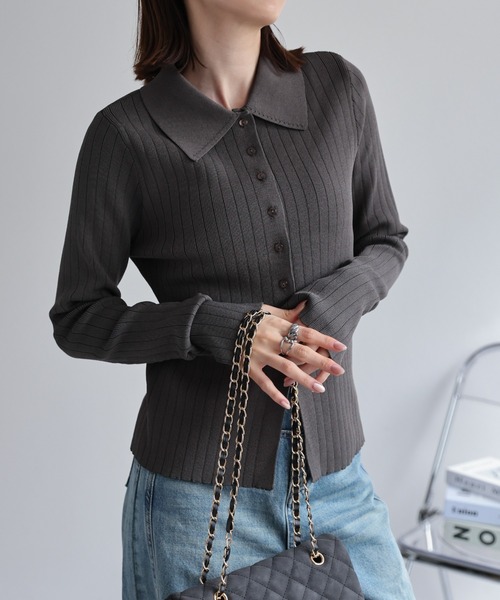 セール】新色追加【選べるサイズ】ポロ衿 リブニットカーディガン/2WAY