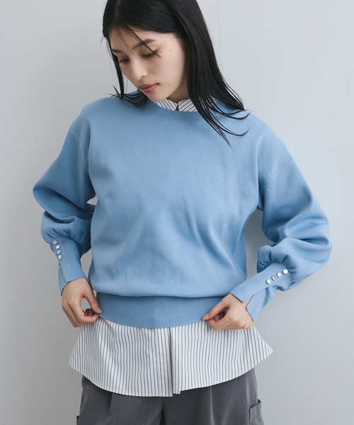 VIS（ビス）の「【洗える/アンチピリング】シルバー釦アクセントスリーブクルーネックニット（ニット/セーター・レディース・ブラック/ブルー系その他6/キナリ・FREE）」の6枚目の写真