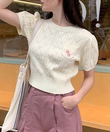 ケーブル編みユニコーン刺繍半袖ニット