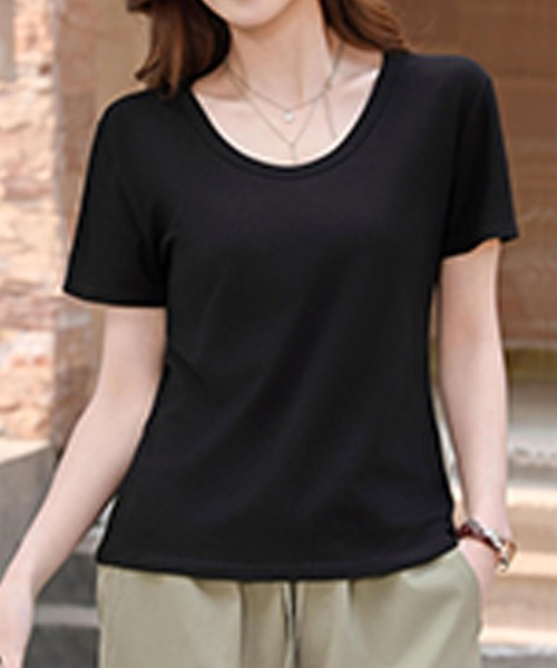 aimoha(アイモハ)の「シンプルベーシックTシャツ (SS)(Tシャツ/カットソー・レディース・ピンク/グリーン/ダークグレー/ホワイト/ベージュ/ブラック・FREE)」の8枚目の写真