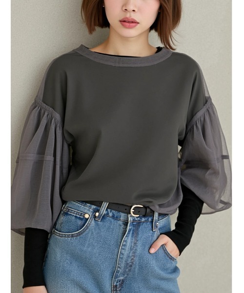 fifth(フィフス)の「チュール×長袖Tシャツセット(Tシャツ/カットソー・レディース・ブラック/チャコールグレー・M)」の2枚目の写真