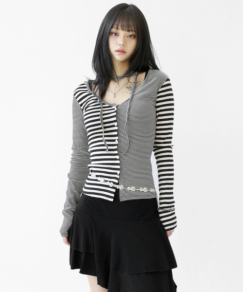 minsobi(ミンソビ)の「ネクタイストラップ付きアシメボーダートップス(シャツ/ブラウス・レディース・ブラック/グレー・FREE)」の2枚目の写真