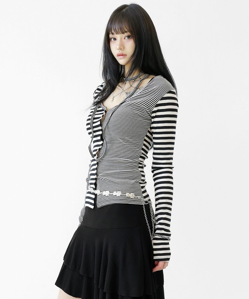 minsobi(ミンソビ)の「ネクタイストラップ付きアシメボーダートップス(シャツ/ブラウス・レディース・ブラック/グレー・FREE)」の7枚目の写真