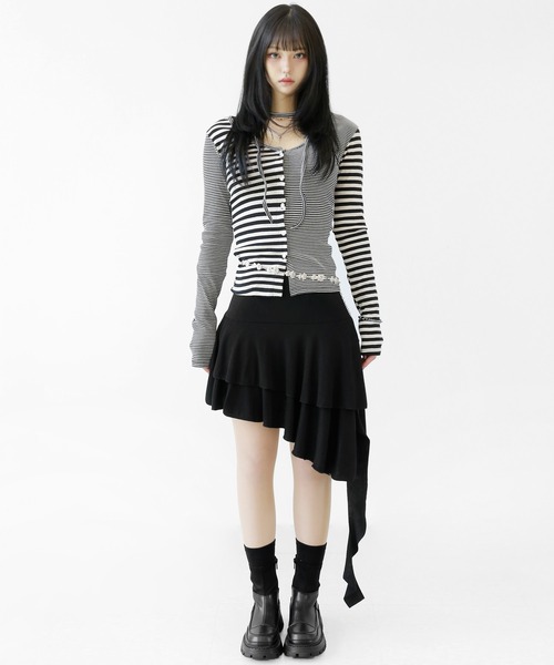 minsobi(ミンソビ)の「ネクタイストラップ付きアシメボーダートップス(シャツ/ブラウス・レディース・ブラック/グレー・FREE)」の9枚目の写真
