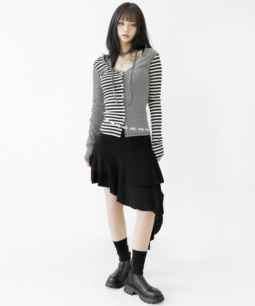 minsobi(ミンソビ)の「ネクタイストラップ付きアシメボーダートップス(シャツ/ブラウス・レディース・ブラック/グレー・FREE)」の10枚目の写真