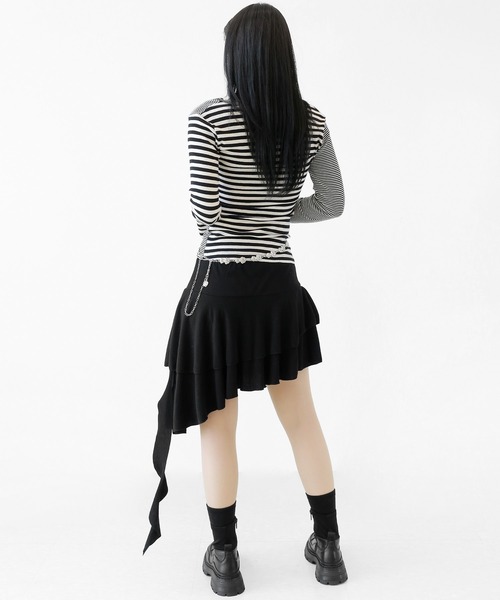 minsobi(ミンソビ)の「ネクタイストラップ付きアシメボーダートップス(シャツ/ブラウス・レディース・ブラック/グレー・FREE)」の12枚目の写真