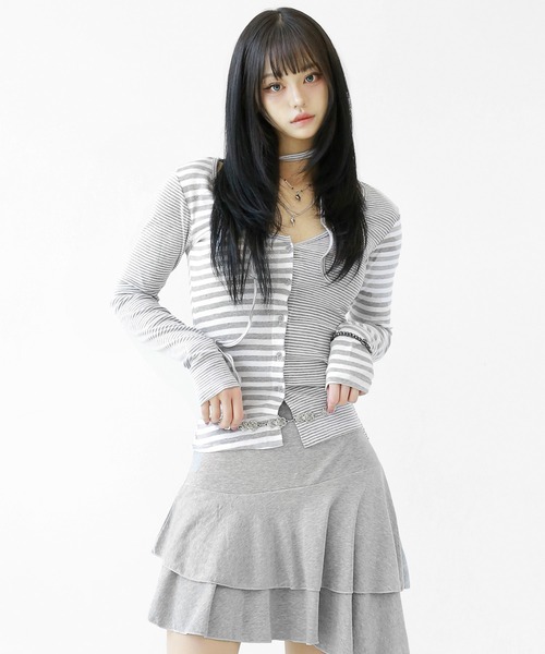 minsobi(ミンソビ)の「ネクタイストラップ付きアシメボーダートップス(シャツ/ブラウス・レディース・ブラック/グレー・FREE)」の14枚目の写真