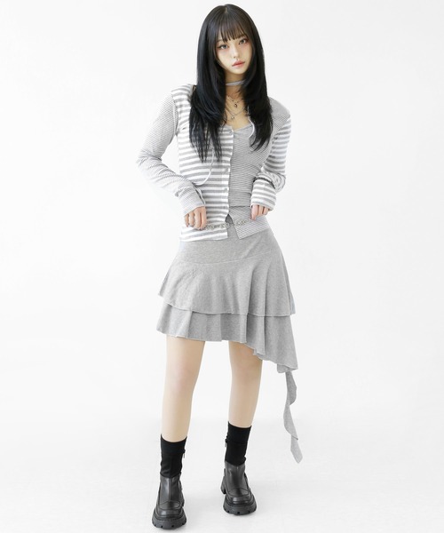 minsobi(ミンソビ)の「ネクタイストラップ付きアシメボーダートップス(シャツ/ブラウス・レディース・ブラック/グレー・FREE)」の19枚目の写真