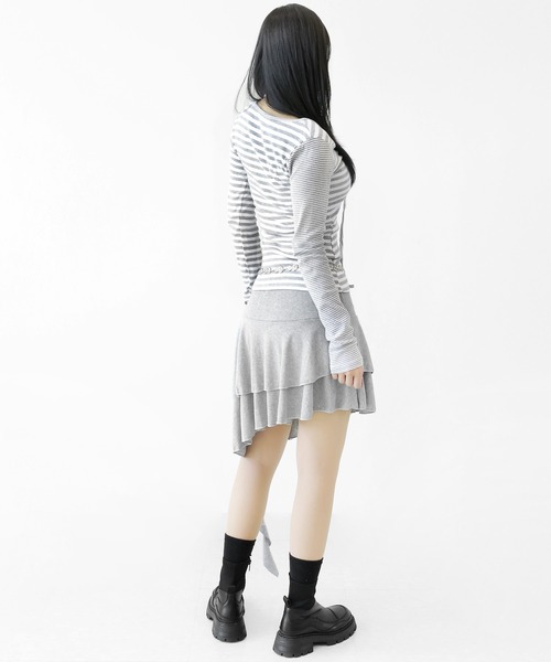 minsobi(ミンソビ)の「ネクタイストラップ付きアシメボーダートップス(シャツ/ブラウス・レディース・ブラック/グレー・FREE)」の20枚目の写真