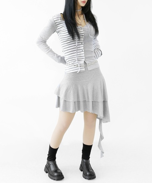 minsobi(ミンソビ)の「ネクタイストラップ付きアシメボーダートップス(シャツ/ブラウス・レディース・ブラック/グレー・FREE)」の22枚目の写真