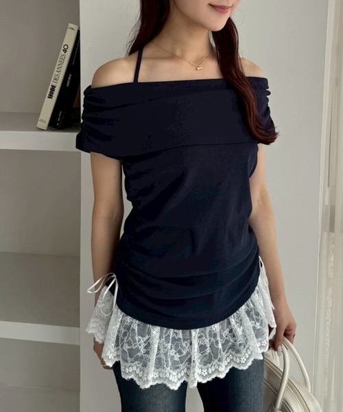 one after another NICE CLAUP(ワンアフターアナザーナイスクラップ)の「クロスリボンオフショルトップス(Tシャツ/カットソー・レディース・チャコールグレー/ネイビー/アイボリー/ピンク・FREE)」の12枚目の写真