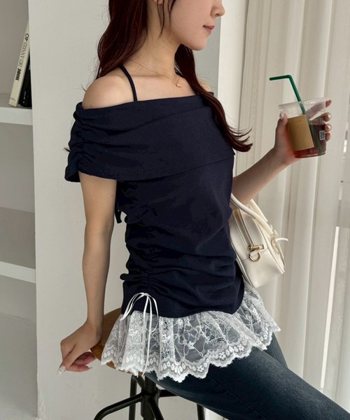 one after another NICE CLAUP(ワンアフターアナザーナイスクラップ)の「クロスリボンオフショルトップス(Tシャツ/カットソー・レディース・チャコールグレー/ネイビー/アイボリー/ピンク・FREE)」の13枚目の写真