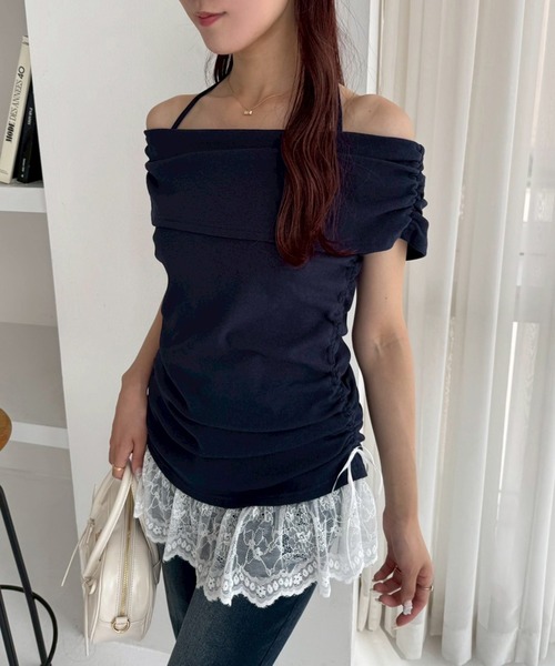 one after another NICE CLAUP(ワンアフターアナザーナイスクラップ)の「クロスリボンオフショルトップス(Tシャツ/カットソー・レディース・チャコールグレー/ネイビー/アイボリー/ピンク・FREE)」の11枚目の写真