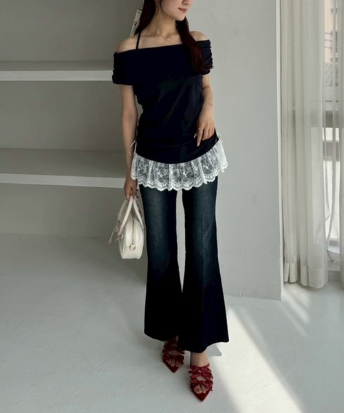 one after another NICE CLAUP(ワンアフターアナザーナイスクラップ)の「クロスリボンオフショルトップス(Tシャツ/カットソー・レディース・チャコールグレー/ネイビー/アイボリー/ピンク・FREE)」の7枚目の写真