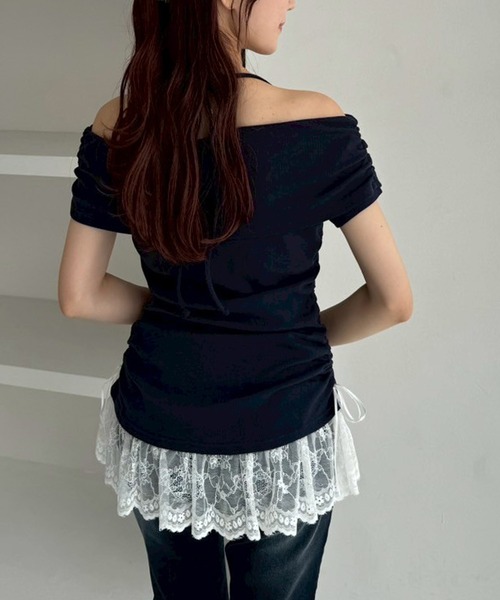 one after another NICE CLAUP(ワンアフターアナザーナイスクラップ)の「クロスリボンオフショルトップス(Tシャツ/カットソー・レディース・チャコールグレー/ネイビー/アイボリー/ピンク・FREE)」の10枚目の写真