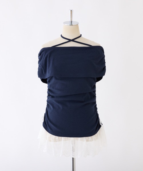 one after another NICE CLAUP(ワンアフターアナザーナイスクラップ)の「クロスリボンオフショルトップス(Tシャツ/カットソー・レディース・チャコールグレー/ネイビー/アイボリー/ピンク・FREE)」の14枚目の写真