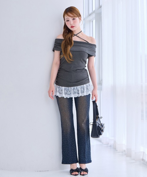 one after another NICE CLAUP(ワンアフターアナザーナイスクラップ)の「クロスリボンオフショルトップス(Tシャツ/カットソー・レディース・チャコールグレー/ネイビー/アイボリー/ピンク・FREE)」の6枚目の写真