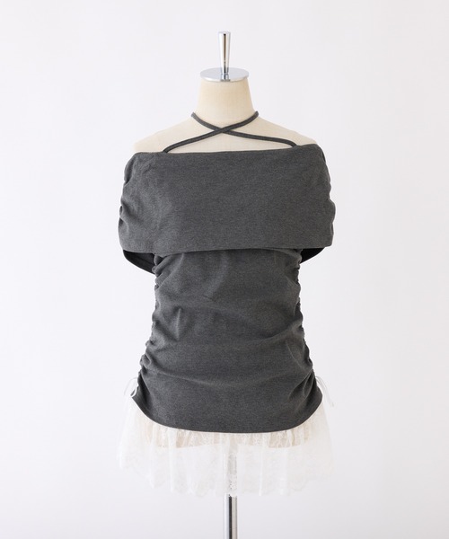 one after another NICE CLAUP(ワンアフターアナザーナイスクラップ)の「クロスリボンオフショルトップス(Tシャツ/カットソー・レディース・チャコールグレー/ネイビー/アイボリー/ピンク・FREE)」の16枚目の写真