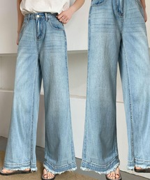 綿混裾切りっぱなしワイドデニムパンツ