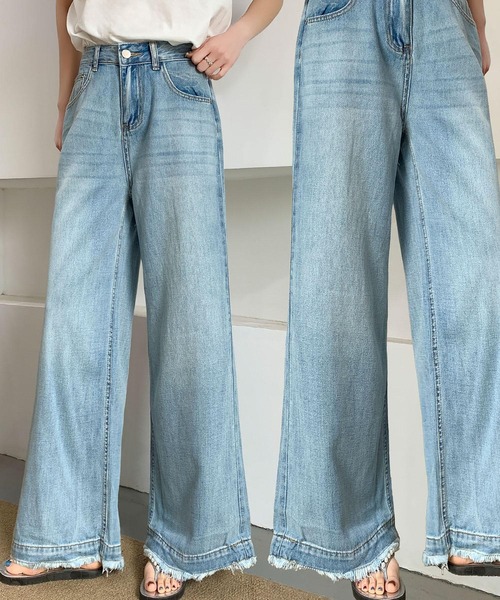 LOWO（ロワ）の「綿混裾切りっぱなしワイドデニムパンツ（デニムパンツ・レディース・ブルー/スカイブルー・L/M/S）」の2枚目の写真
