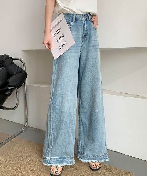 セール】綿混裾切りっぱなしワイドデニムパンツ（デニムパンツ
