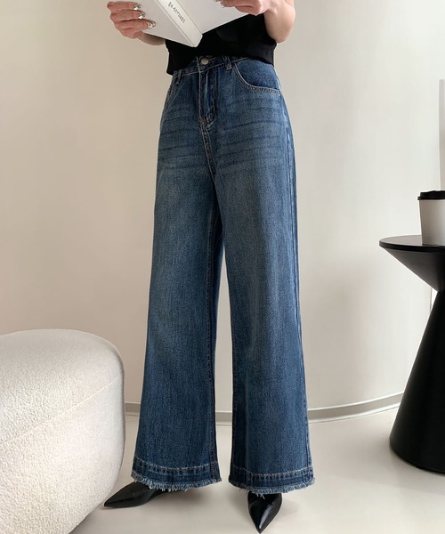 LOWO（ロワ）の「綿混裾切りっぱなしワイドデニムパンツ（デニムパンツ・レディース・ブルー/スカイブルー・L/M/S）」の10枚目の写真