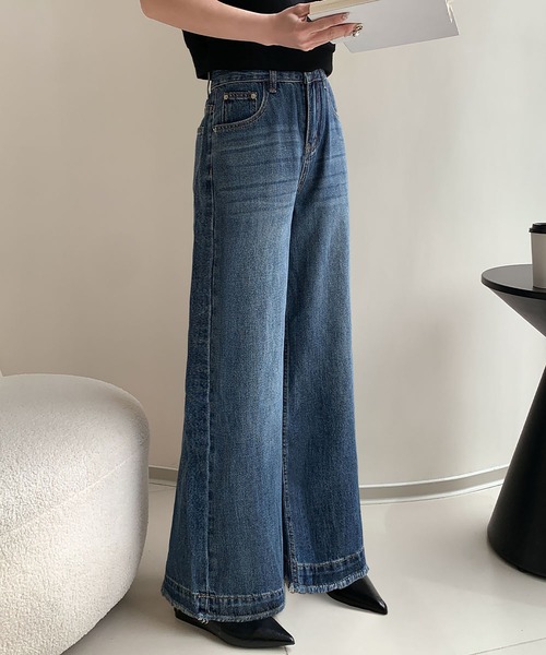 直営♪SPORTMAX ワイドレッグデニムパンツ GLAUCO セール】綿混裾切りっぱなしワイドデニムパンツ（デニムパンツ