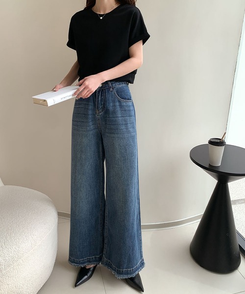 LOWO（ロワ）の「綿混裾切りっぱなしワイドデニムパンツ（デニムパンツ・レディース・ブルー/スカイブルー・L/M/S）」の13枚目の写真