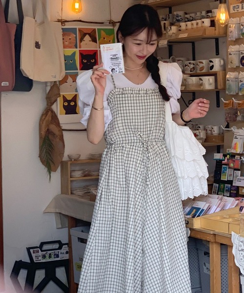 セール】チェック柄ワイドフレアサロペットパンツ（つなぎ