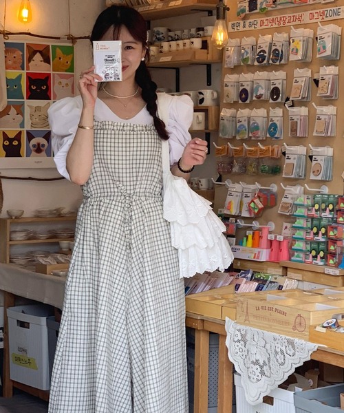 セール】チェック柄ワイドフレアサロペットパンツ（つなぎ